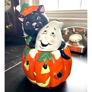 David's Cookies Halloween Cookie Jar Pumpkin Ghost Black Cat Ceramic Excellent